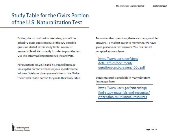 Study Table for the Civics Portion of the U.S. Naturalization Test