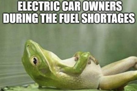 Electric car meme showing benefits of EVs over gas vehicles during fuel shortages, used to spark classroom debate on energy independence. 